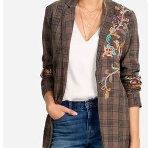 Johnny Was Workshop Pramila Plaid Embroidered Blazer Size XS Boho Preppy